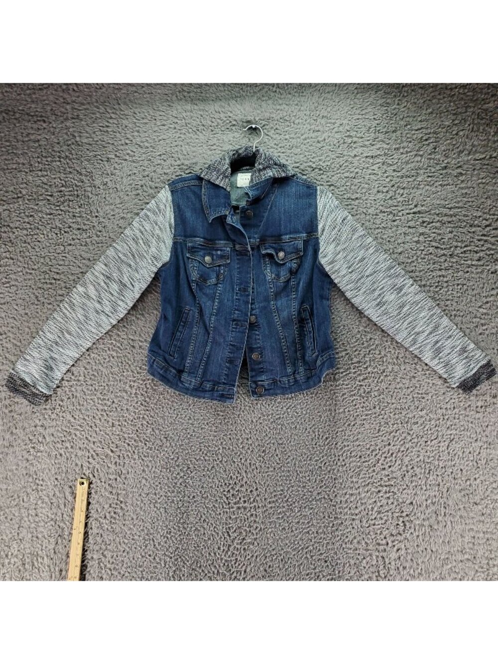 Torrid Jacket Womens 0X Blue Denim Jacket With Knit Sleeves